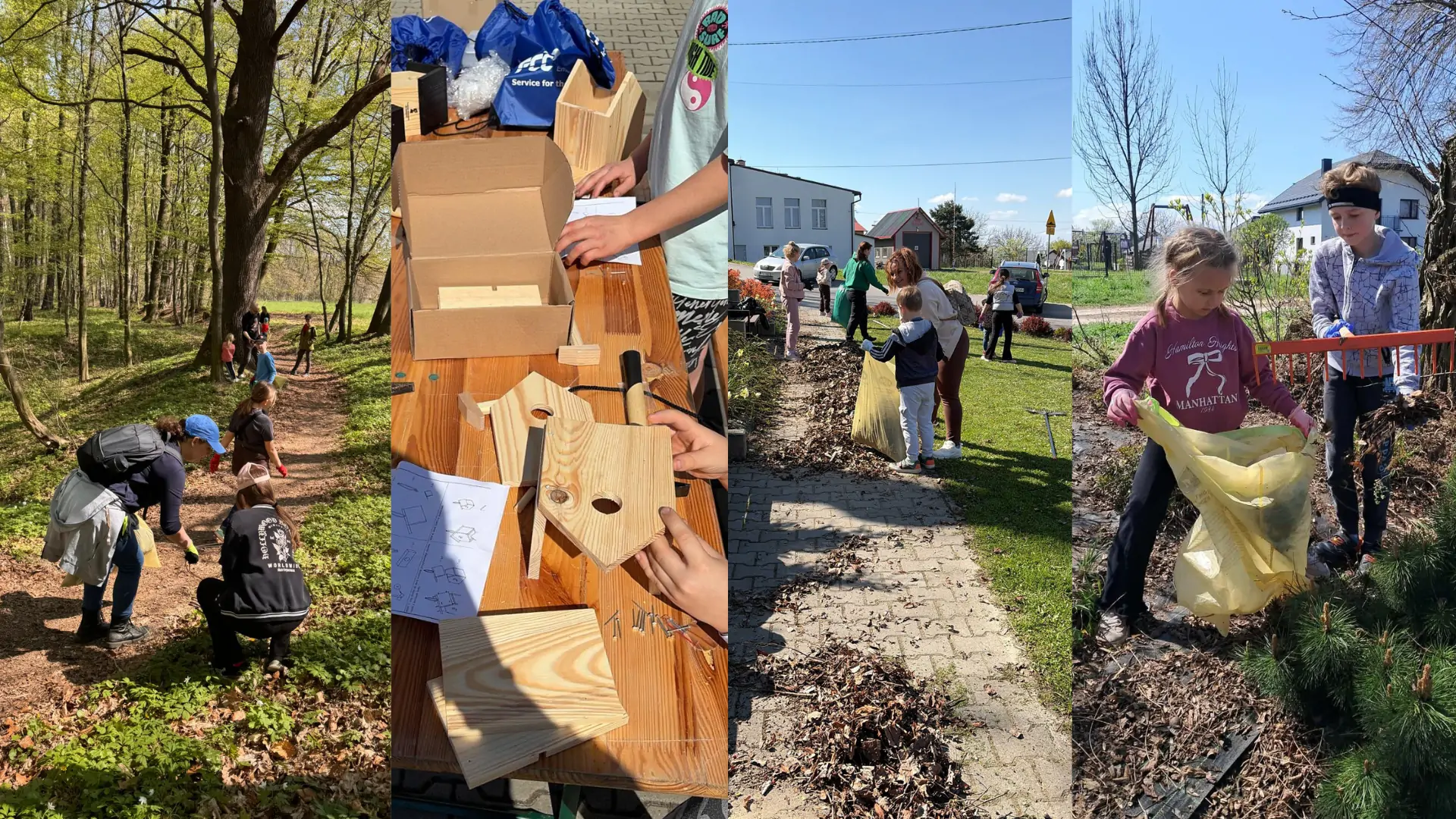 Zdjęcia obrazujące akcję Eko Weekend w Gminie Mogilany - dzieci sprzątają świat i biorą udział w warsztatach składania budek lęgowych